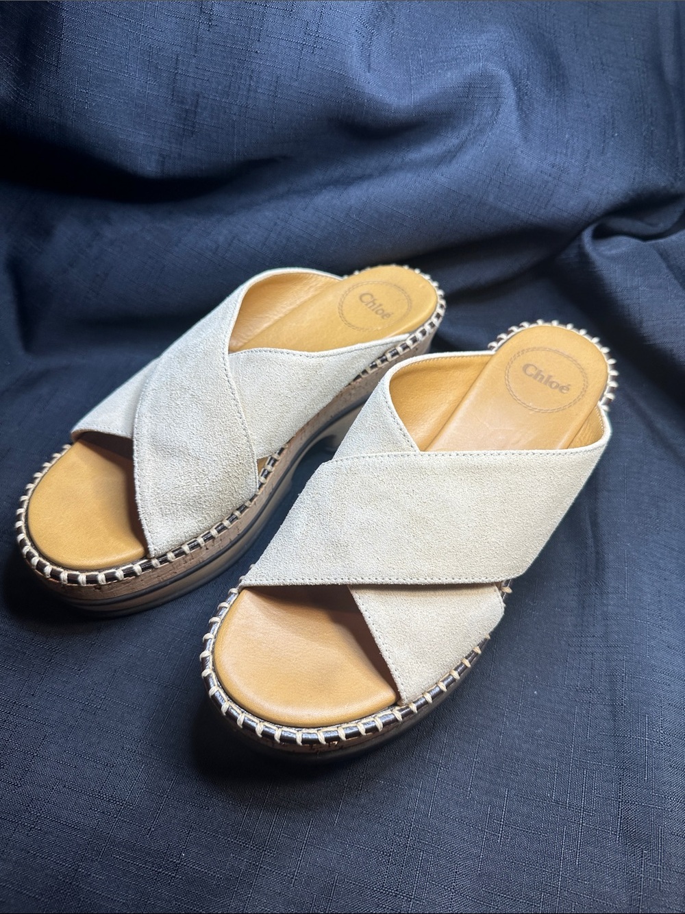 Chloe Beige Suede Crisscross Slide Sandals mules cork sole 36-6 Laia